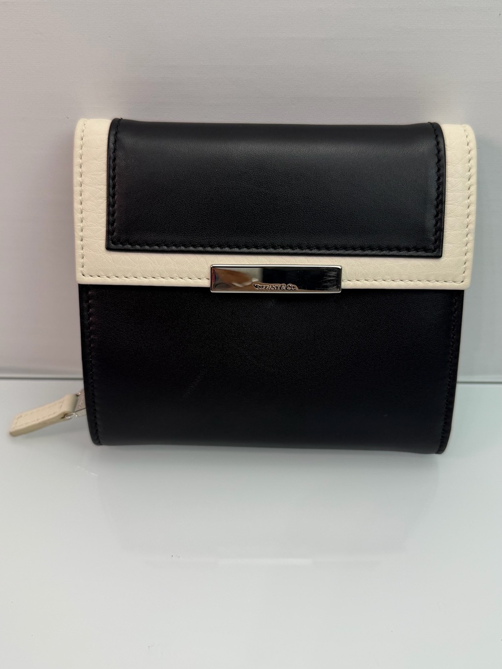 Tiffany & Co. Smooth Black Blue Leather Compact Wallet